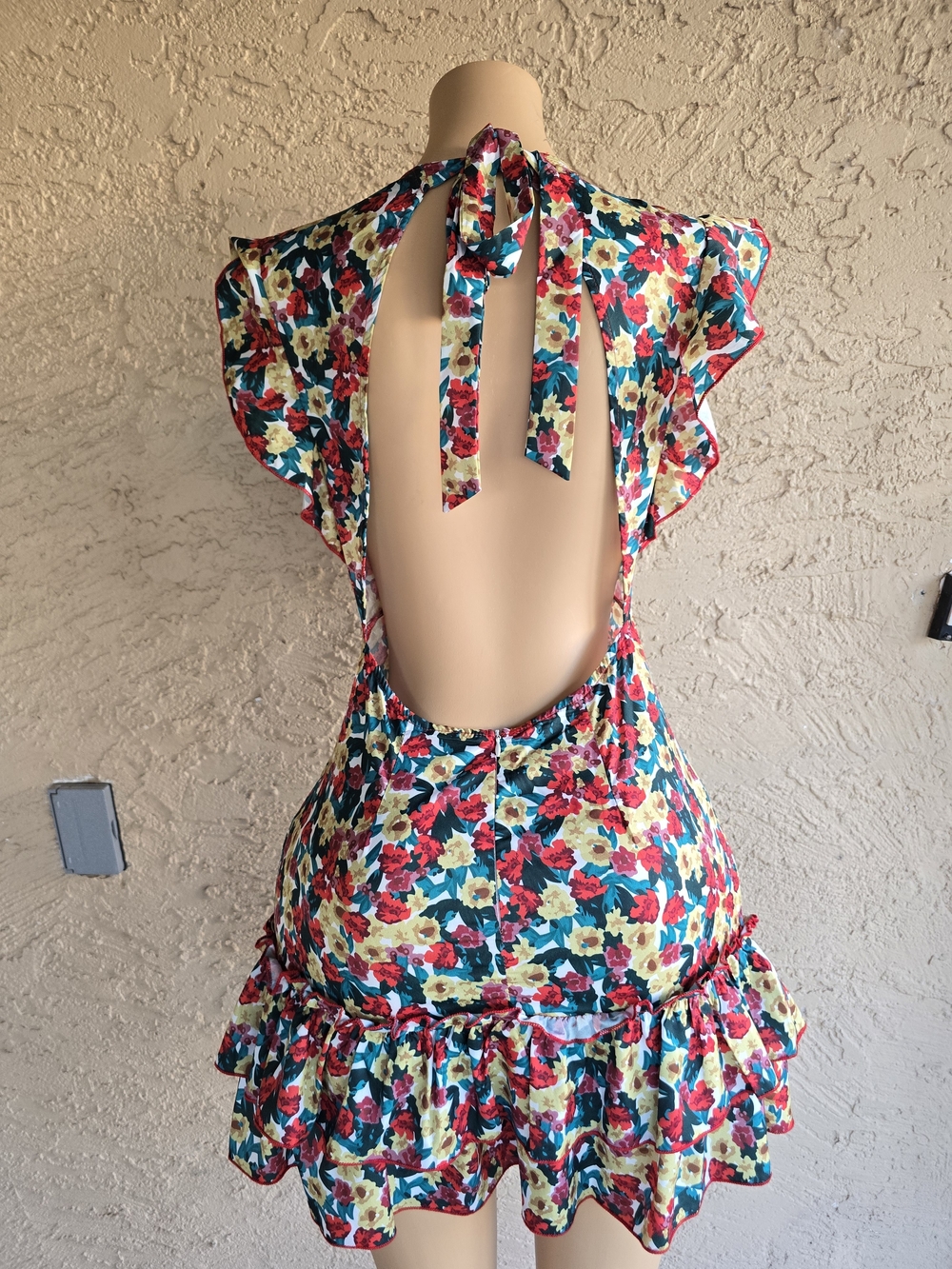 Deep V Floral Ruffle Mini Dress - Multi-Color - Picture 4 of 11